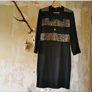 Vintage 80s Leopard Black Collared Dress